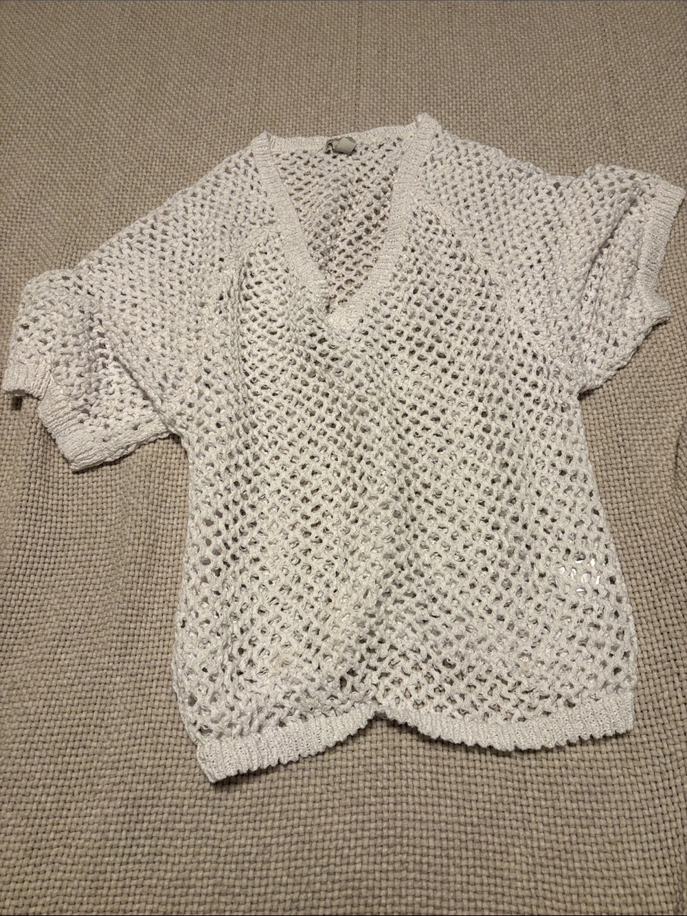 Boston Proper Cream Open-Knit V-Neck Short Sleeve Sweater